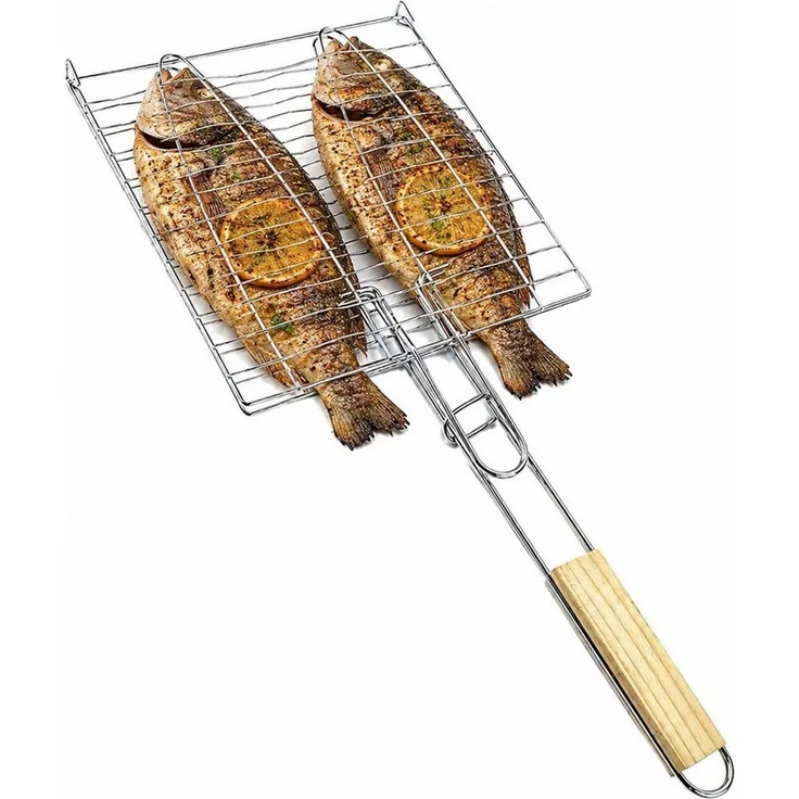BAYLI Grillspieß Fischbräter mit Holzgriff 23,5 x 23,5 cm – Fischkorb Grillkorb Fischha