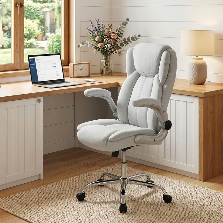 MELAYR, Ergonomischer Schreibtischstuhl mit hoher Rückenlehne, klappbare Armlehnen, 69 x 68 x 118 cm, Creme – Bild 4