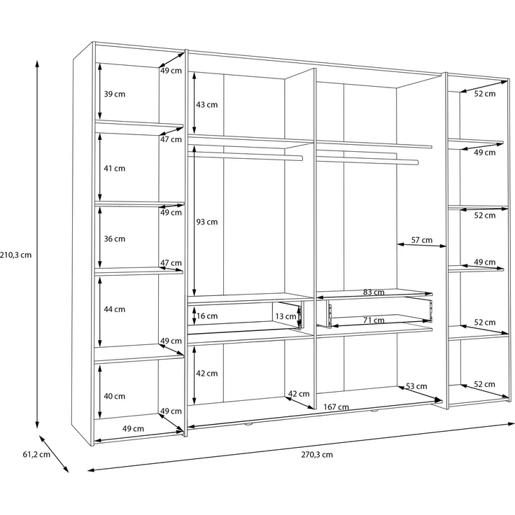 Dreh-/Schwebetürenschrank >NARAGO< 2 Innenschübe, sandfarbig - 270,3x210,5x61,2cm (BxHxT) – Bild 7