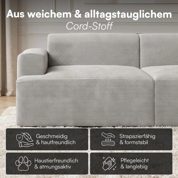 skølm 'Freki' Cloud Sofa 2 Sitzer mit Hocker, Vollschaumcouch mit Federkern und Vakuum-Kompression, kein Aufbau erforderlich, mit 2 Kissen, Cord grau – Bild 5