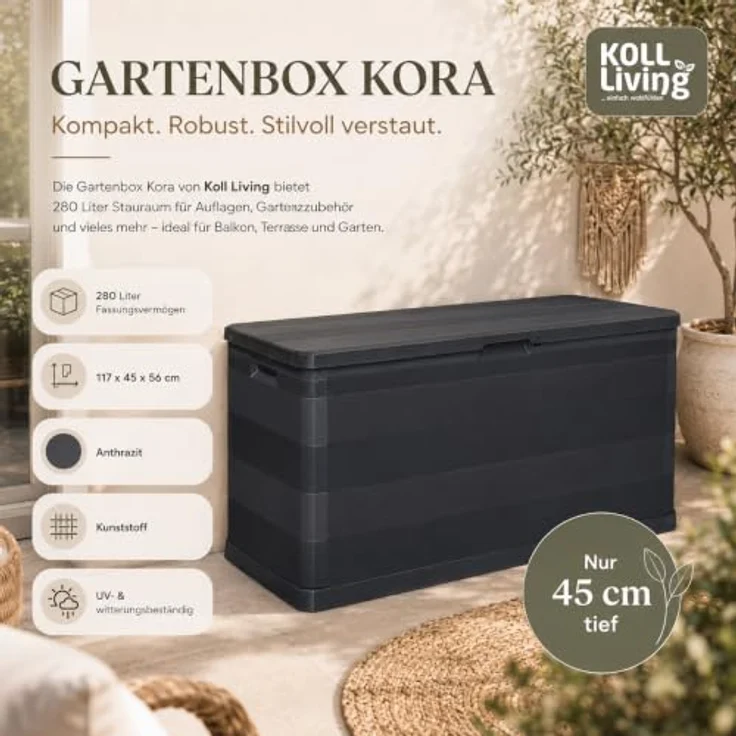 Koll Living Gartenbox Kora, 280 Liter, Kunststoff, 117 x 45 x 56 cm, UV- & witterungsbeständig, wartungsfrei, anthrazit – Bild 3