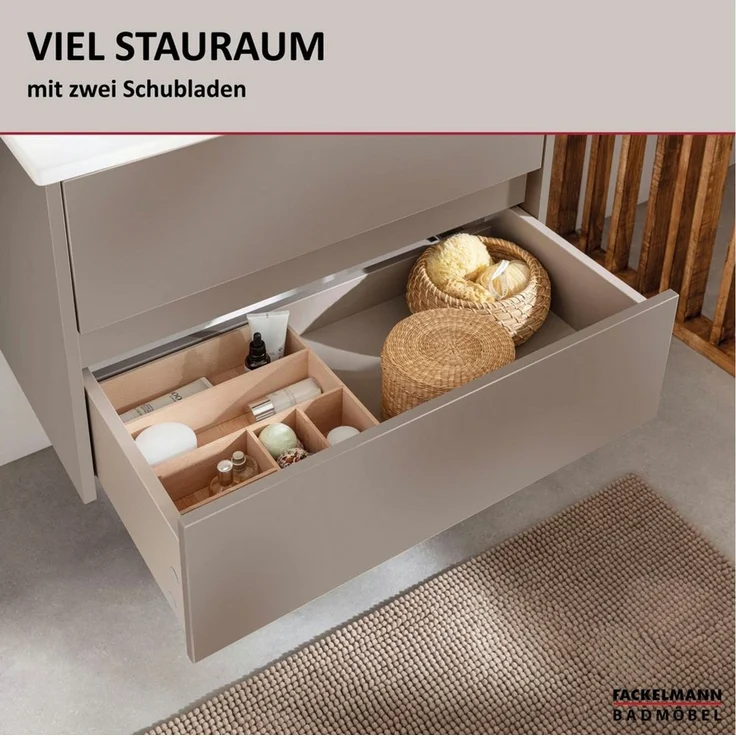 FACKELMANN COMPACT LINE Waschbecken mit Unterschrank 71 cm breit, Grau, Waschbecken Keramik Weiß, 2 Schubladen – Bild 2