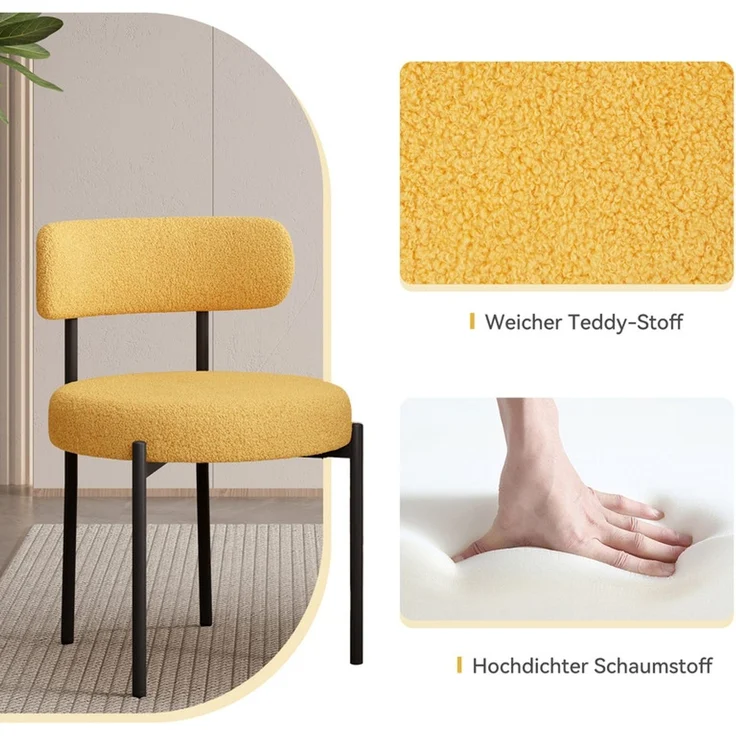 Hawthyhome Esszimmerstühle 2er Set Polsterstuhl mit runder Rückenlehne, Teddy Stoff Boucle Bezug, weich & kuschelig, ergonomisches Design, stabiles schwarzes Metallgestell, vielseitig für Esszimmer, Küche & Wohnbereich, Gelb – Bild 3