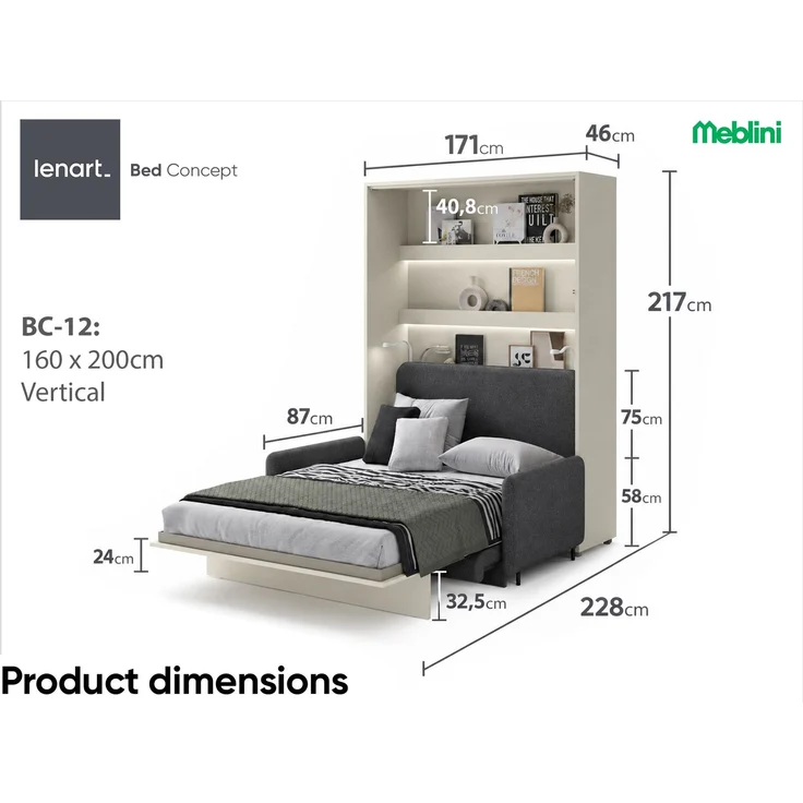 MEBLINI Schrankbett BC-12 - 160x200cm Vertikal - Kaschmir/Dunkelgrau mit Matratze - mit Sofa - Wandbett mit Lattenrost - Klappbett mit Schrank - Wandklappbett - Murphy Bed – Bild 7