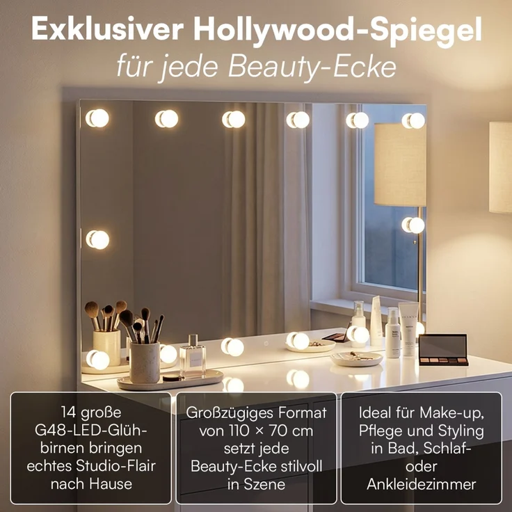 Bellamio 'Livny' Schminkspiegel mit LED-Glühbirnen, dimmbar, Hollywood Spiegel mit 3 Lichtfarben, weiß, 110x70 cm, inkl. Touch-Screen (mit Wandbefestigung) – Bild 2