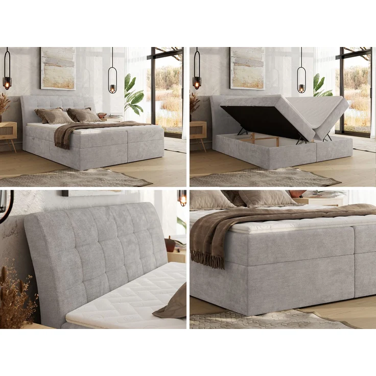 Boxspringbett DAGOS 180x200 cm mit Kopfteil, Lattenrost und Stauraum – Doppelbett mit Matratze & Topper Visco , stabile Konstruktion, Bettkasten, modernes Design - Hellgrau Schenille glatt - H3 – Bild 2