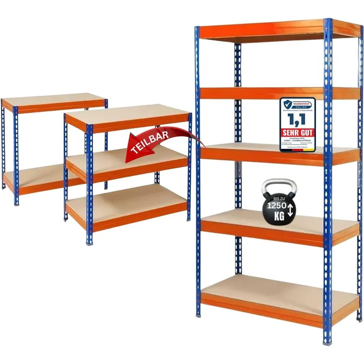 KARAT Schwerlastregal - Steckregal, Kellerregal, Lagerregal, Werkbank - Traglast bis 1250 kg - Schnelle Montage & Standsicher (Blau-Orange, 180 x 120 x 45 cm)
