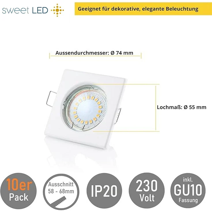 Sweet LED LED Einbaustrahler 10er Set GU10 5W Deckenspots eckig weiß-matt 230V, LED fest integriert, 3000K-Warmweiß, Deckenspots, Deckenstrahler, Einbauleuchten – Bild 3