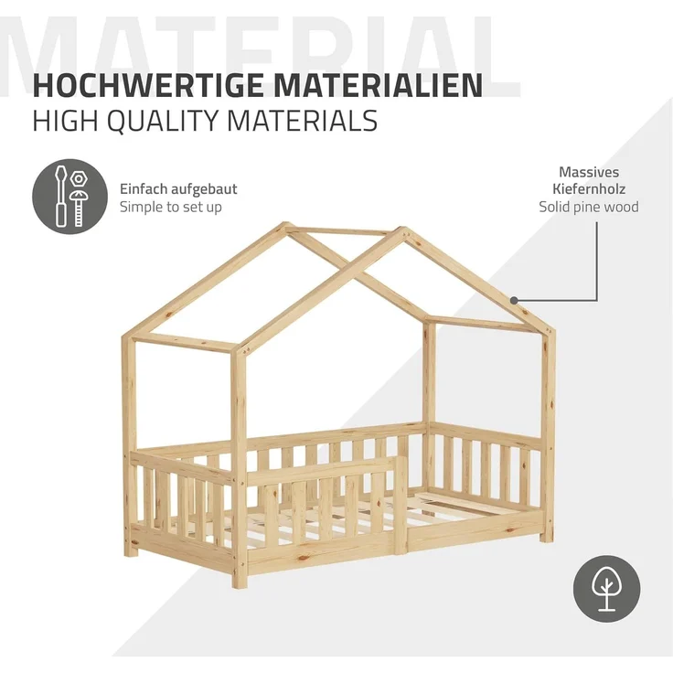 ML-DESIGN Spielbett Hausbett Kinderbett inkl. Lattenrost & Rausfallschutz Kinder Bodenbett, Abenteuerbett 70x140cm Haus Bett Himmelbett Kiefer Jugendbett Natur – Bild 6