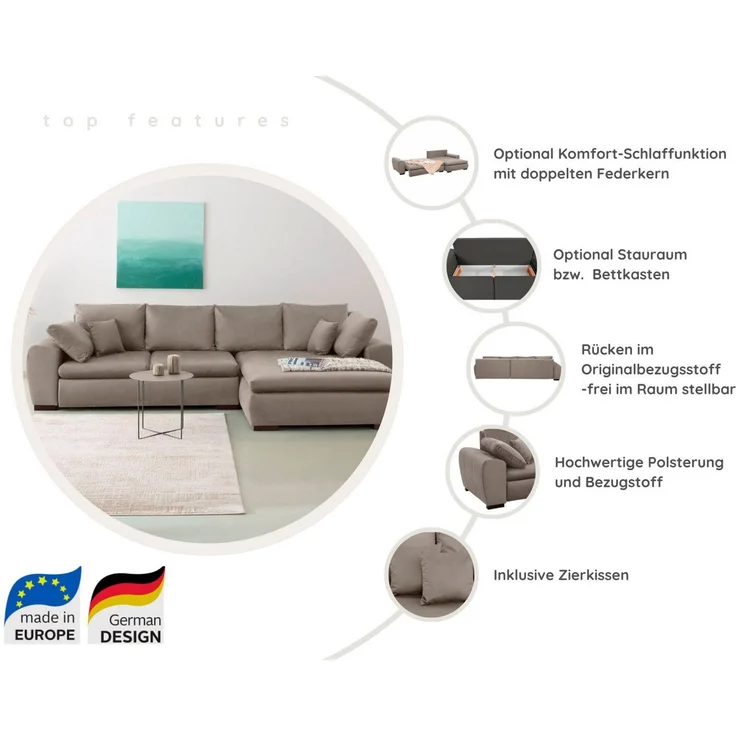 Home affaire Ecksofa Cara Mia L-Form, B: 325 cm, XXL-Sofa mit 4 Zierkissen, optional Schlaffunktion & Bettkasten, Liegefl. 145x270 cm – Bild 2