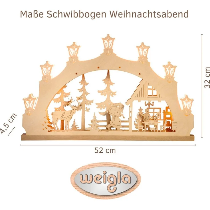 Weigla Schwibbogen Weihnachtsabend, Lichterbogen aus Holz, NATUR, Made in Germany (1-tlg), Erzgebirge garantiert, Weihnachtsdeko Innen, Weihnachtsbeleuchtung – Bild 3