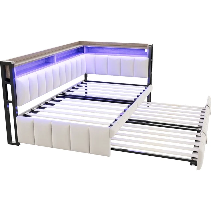 Ausziehbett mit Liegefläche 90×200 cm und Auszug 90×190 cm, LED-Beleuchtung, Beige, ohne Matratze – Bild 10