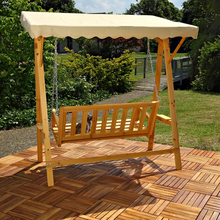 Hollywoodschaukel Natur/Beige Holz Gartenbank Outdoormöbel Hängeliege Sonnendach – Bild 6