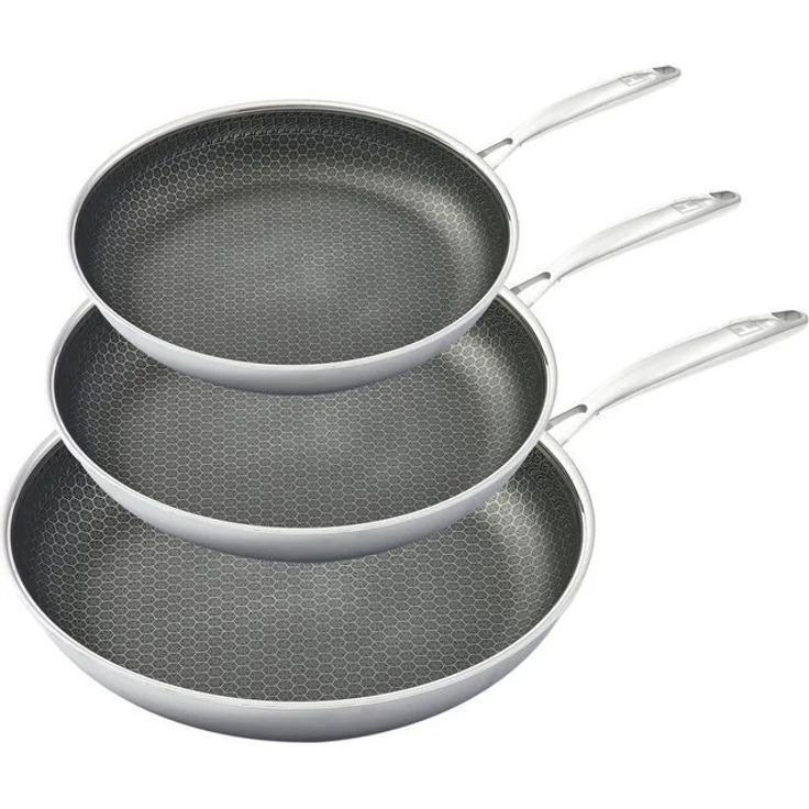 HENSSLERS Pfannen-Set, Edelstahl (Set, 3-tlg, 1x Bratpfanne Ø 20 cm, 1x Bratpfanne Ø 24 cm, 1x Bratpfanne Ø 28 cm), 3-Schicht Material, Wabenstruktur und Antihaftbeschichtung, Induktion – Bild 4