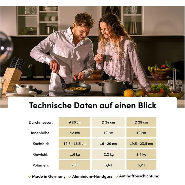 Hoffmann Germany Kochtopf Aluguss Antihaft Induktion Ø 20 cm mit Glasdeckel – Made in Germany, Aluguss (Set, 2-tlg, 1x Kochtopf Ø 20 cm + 1x Glasdeckel), Antihaft, backofenfest bis 240°C, Induktion – Bild 3