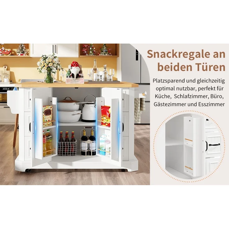 TavilaEcon Küchenwagen mobil, Küchenschrank, Küchenwagen mit 2 Türen & 6 Schubladen weiß 91 × 75 × 120 cm (H × T × B) – Bild 9