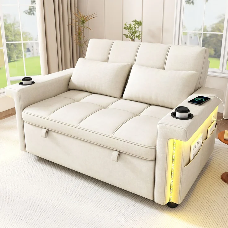 Merax 2-Sitzer Sofa, Schlafsofa mit Schlaffunktion, LED-Beleuchtung, USB/Type-C-Ladeanschluss, verstellbare Rückenlehne, Kissen, Getränkehalter, Seitentasche, Chenille Stoff, Beige – Bild 3