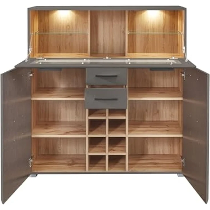 Barschrank >Kathlin< Barfach, Stauraum, LED, basalt / Eiche Dekor - 120x129x37 (BxHxT) – Bild 5