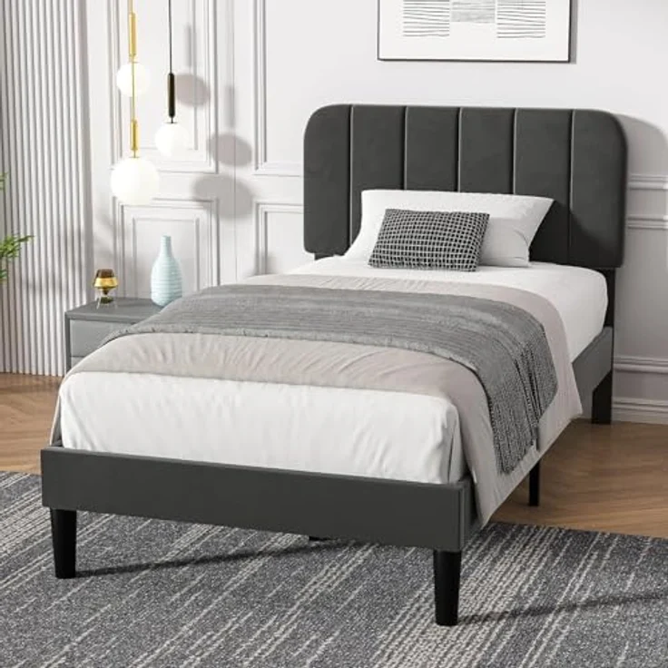 VECELO 2er-Set Polsterbett 90x200 cm – Samtbezug, Einzelbett Bettgestell mit Lattenrost aus Massivholz, Einfache Montage, Ideal für Jugendzimmer, Grau – Bild 7