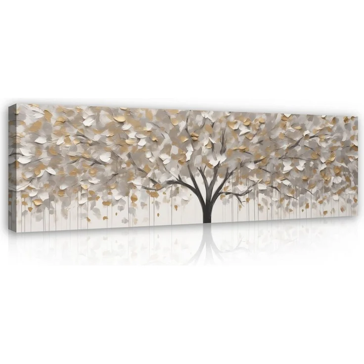 Wallarena Leinwandbild Baum in Grau Weiß und Gold auf Canvas für Wohnzimmer 145x45 cm, Baum (1 St), auf Holzrahmen gespannt wandfertig montiert – Bild 1