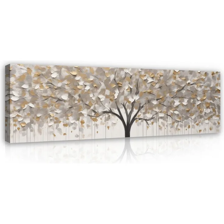 Wallarena Leinwandbild Baum in Grau Weiß und Gold auf Canvas für Wohnzimmer 145x45 cm, Baum (1 St), auf Holzrahmen gespannt wandfertig montiert