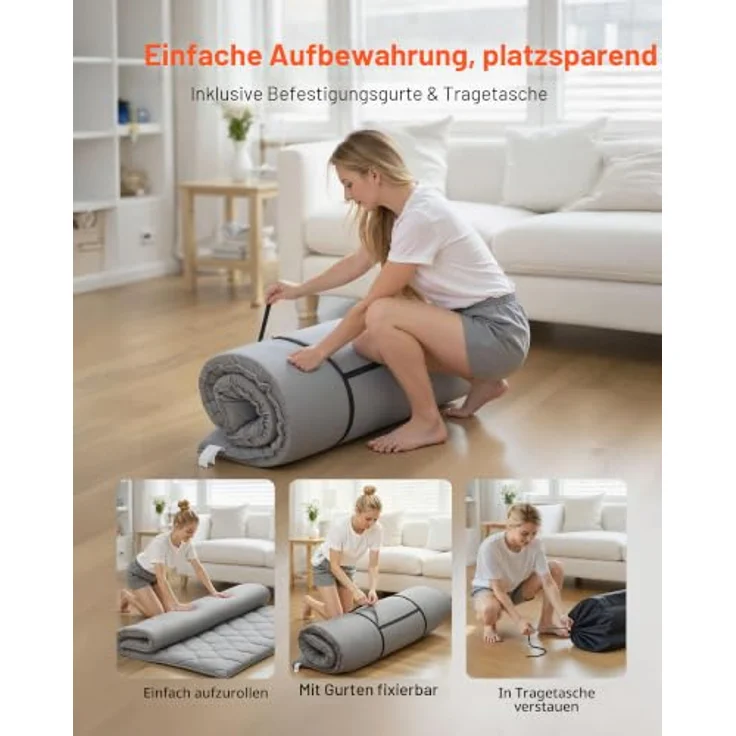 VEVOR japanische Futon-Matratze (2032 x 1524 x 63,5 mm), Faltbare Tatami (Queen Size), Bodenmatratze mit Aufbewahrungstasche & Befestigungsmaterial, 9-lagige Schlafmatte für Meditation Yoga, Grau – Bild 6