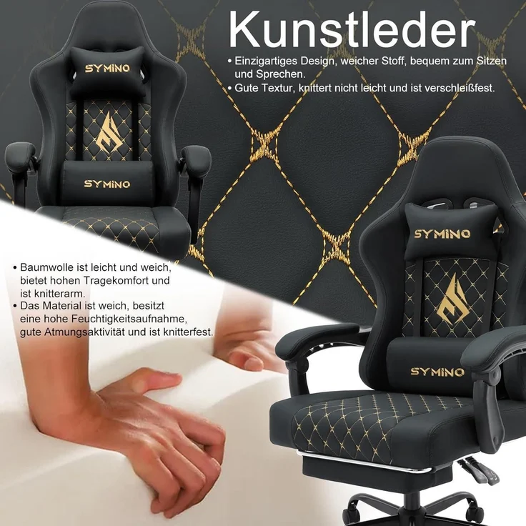 Symino Racing Gamer Stuhl mit Lendenwirbelstütze und Fußstütze, Stabil, Schwarz – Bild 4