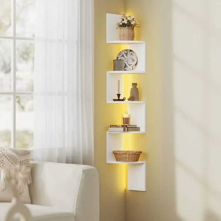 VASAGLE Eckregal mit LED-Beleuchtung, Wandregal 5 Ebenen, Schweberegal für Bücher, Bücherregal, Pflanzenregal für Schlafzimmer, Wohnzimmer, Badezimmer, Homeoffice, mattweiß LBC630W01 – Bild 1