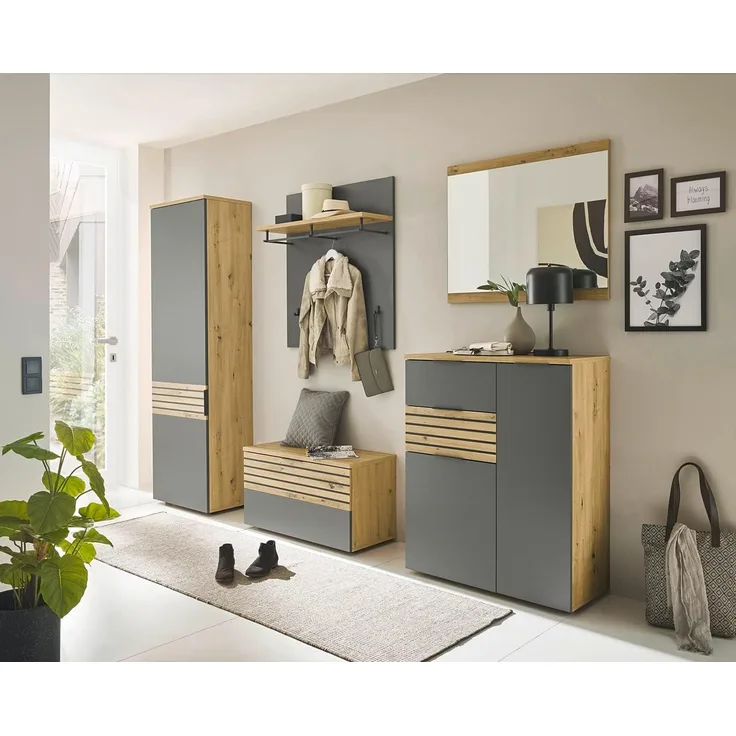 moebel-dich-auf Garderoben-Set MAILAND, (Komplett-Set, Garderobenschrank + Paneel + Bank + Spiegel + Schuhkommode), erhältlich in 2 Farbkombinationen