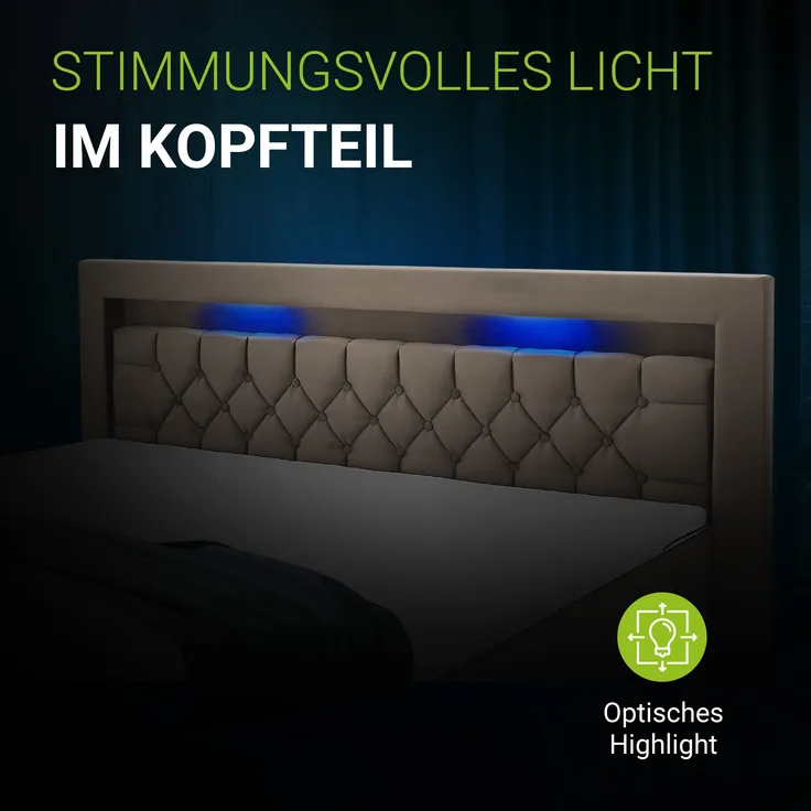 Juskys Boxspringbett Leona 140x200 cm - Bett mit LED Beleuchtung, Topper & H4 Federkern Matratzen - Einzelbett Beige mit Samt und Steppung