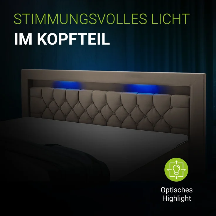 Juskys Boxspringbett Leona 140x200 cm - Bett mit LED Beleuchtung, Topper & H4 Federkern Matratzen - Einzelbett Beige mit Samt und Steppung – Bild 1
