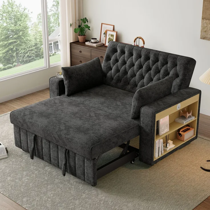 Merax Schlafsofa, Klappsofa mit Stauraum und Schlaffunktion, Getränkehalter, USB-Ladeanschluss und Kissen, platzsparende Couch Grau