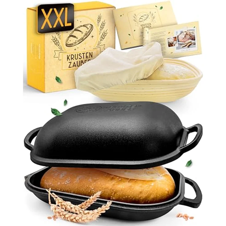 KRUSTENZAUBER 40cm Brotbackform mit Deckel Gusseisen inkl. Gärkorb - Robuster Gusseisen Topf Brot Backen - Idealer Brotbacktopf für selbstgemachtes Brot, Gusseisentopf, Gusstopf, cast iron pot – Bild 2
