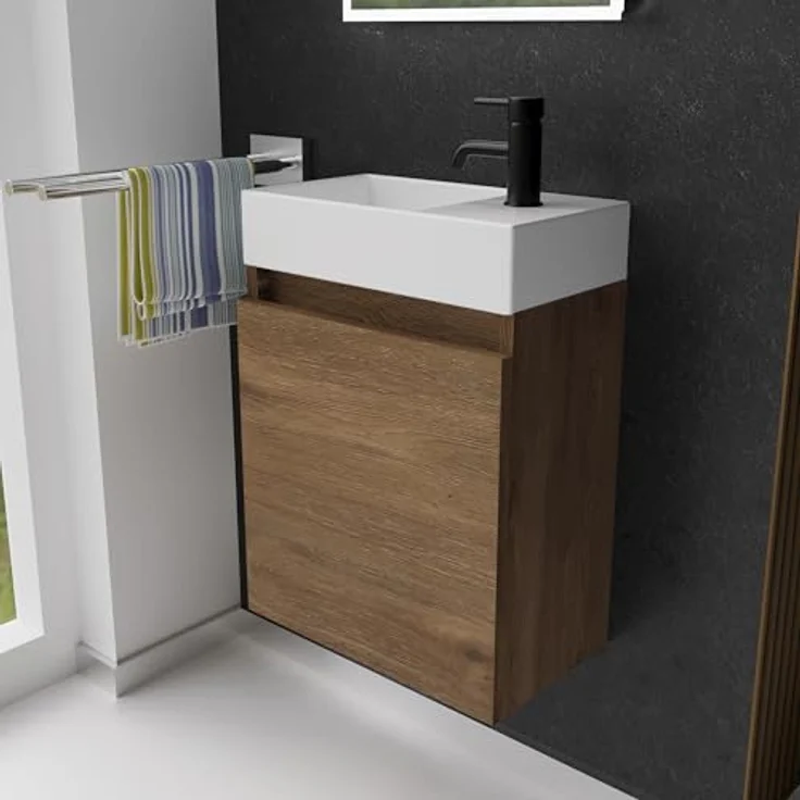 Alpenberger Badmöbel-Set Gäste WC Waschbecken mit Unterschrank - Badschrank Hängend, (2-tlg. Waschtisch Set Eiche, Waschbeckenunterschrank mit Softclose), Waschplätze für Kleine Bäder - Badschrank Hängend und Vormontiert – Bild 2