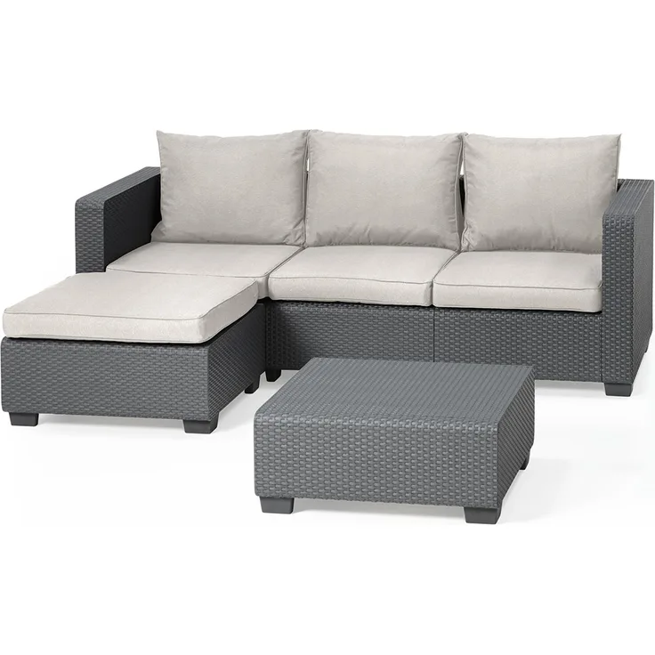 Keter 'Allibert Salta' Gartenlounge, 3-Sitzer, Hocker & Tisch, mit Kissen, Rattanoptik Anthrazit / Sand