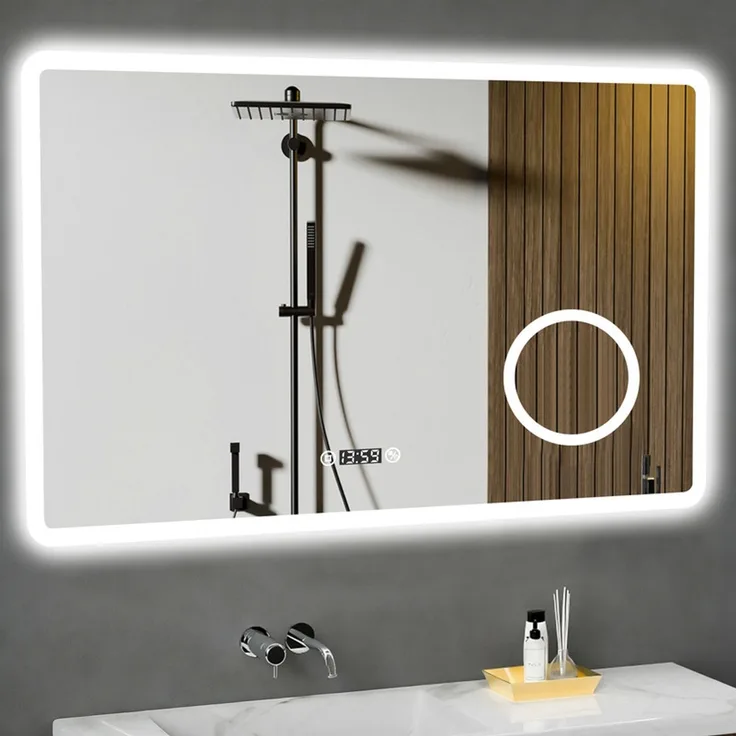 Gimbelen LED Badspiegel 60x100 cm, rechteckig, 3 Lichtfarben dimmbar & Touch-Schalter, Anti-Beschlag, integrierte Uhr & 3-fach Vergrößerung, Speicherfunktion, IP44, für Badezimmer, Silber