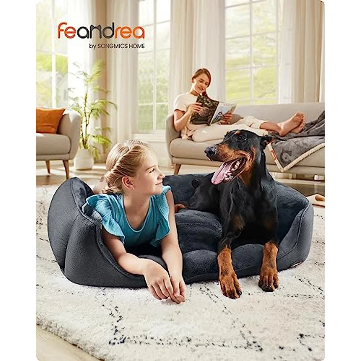 Feandrea Hundebett, Hundekissen in Leinenoptik, Hundekorb, erhöhte Ränder, rutschfeste Unterseite, Bezug abnehmbar waschbar, XXL, für extra große Hunde, 120 x 90 x 30 cm, dunkelgrau PGW013G01 – Bild 3