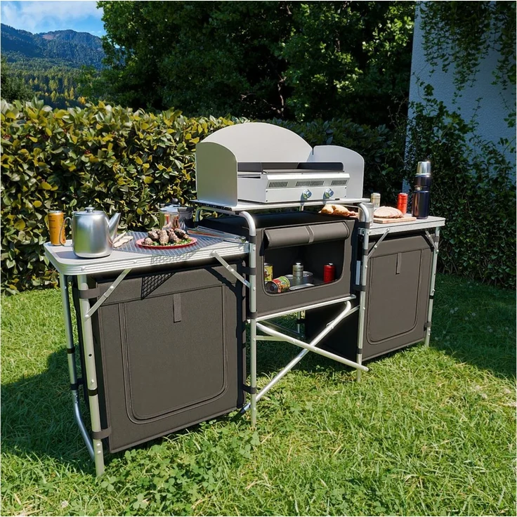 24Move Campingschrank Campingküche CAMPO Alu Outdoorküche (faltbar, inkl. Windschutz und Tragetasche) mit Arbeitsplatte und Staufächern – Bild 2