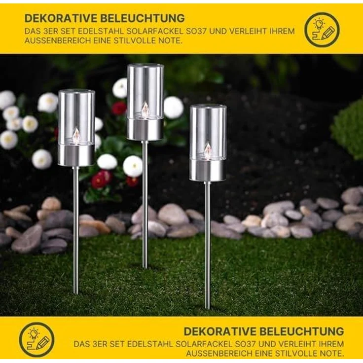 MeLiTec LED Solarleuchte Edelstahl Solarfackel, SO37, LED fest integriert, warmweiß, 3er Set, Zylinderform, aus Edelstahl – Bild 2