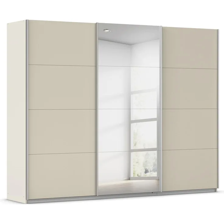 Rauch Möbel Kulmbach, Kleiderschrank mit Schwebetüren für Schlafzimmer, Kinderzimmer, Jugendzimmer, Garderobe, Flur, 3-türig, mit Spiegel, Zubehör Classic, Farbe Beige, Breite 271 cm