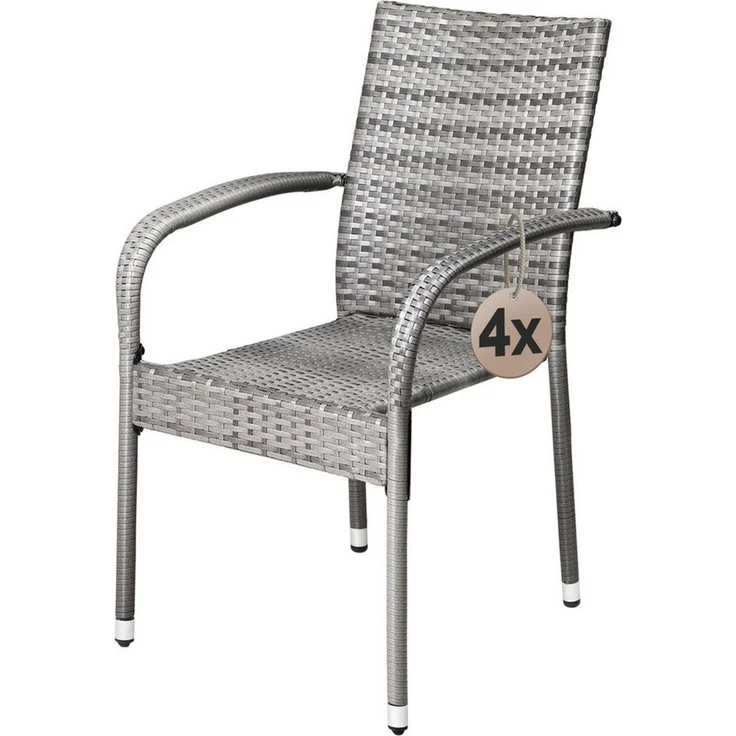 CASARIA 4-tlg. Gartenstuhl-Set, stapelbar & wetterfest, Polyrattan mit Armlehne, bis 160 kg belastbar, Grau – Bild 1