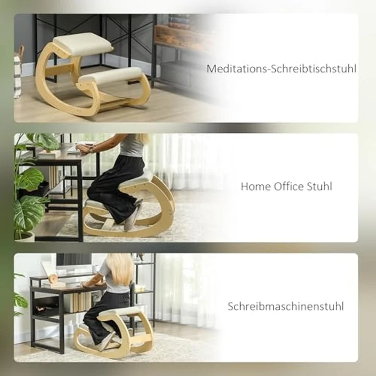 HOMCOM Stuhl Kniestuhl Ergonomisch, Kniestuhl aus Holz, Gesundheitsstuhl (Schreibtischstuhl, 1 St), für Homeoffice, zur Verbesserung der Körperhaltung, Cremeweiß – Bild 7