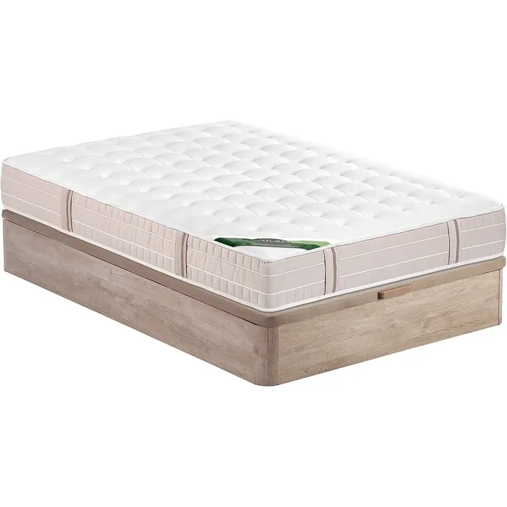 Vente-unique - Bett-Set 160 x 200 cm - Bettkasten naturhell + Taschenfederkernmatratze 5-Zonen mit Memory-Schaum-Auflage und anti-Bettwanzen-Bezug, Höhe 24 cm - VIREVO von NATUREA