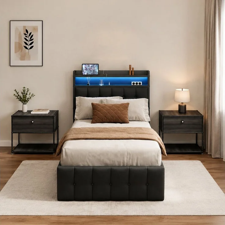 Simurq Stauraumbett Polsterbett 90x200 mit Stauraum, Einzelbett mit Gasdruckfeder (RGB LED, USB & Type-C Anschluss, Stauraum-Kopfteil), Stauraumbett, Bett mit Bettkasten, modernes Einzelbett – Bild 2