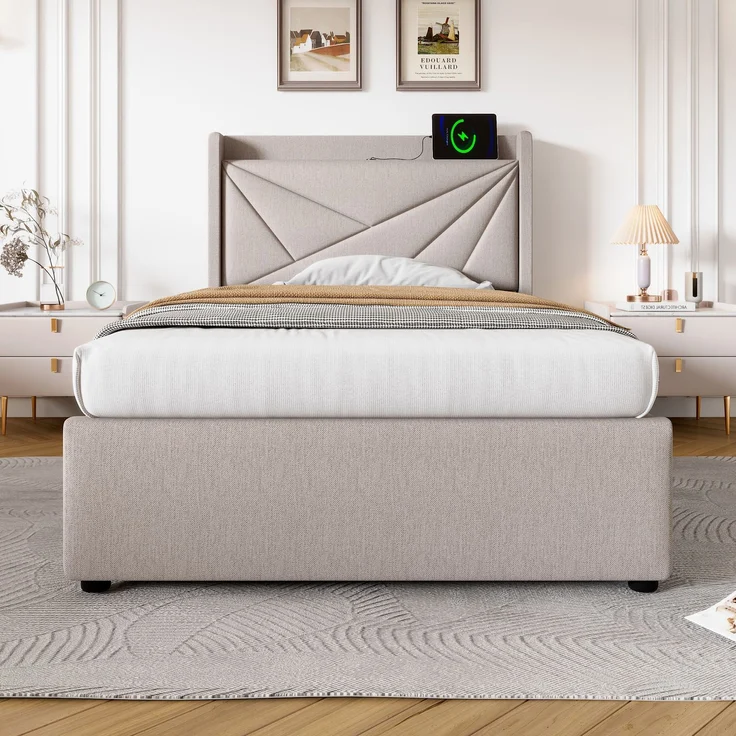Rayofly-Leinen Polster-Einzelbett H200cm x T90cm x B90cm, Stauraum-Bettkasten, USB & Typ-C Lade-Kopfteil, Lattenrost, ohne Matratze, Beige – Bild 7
