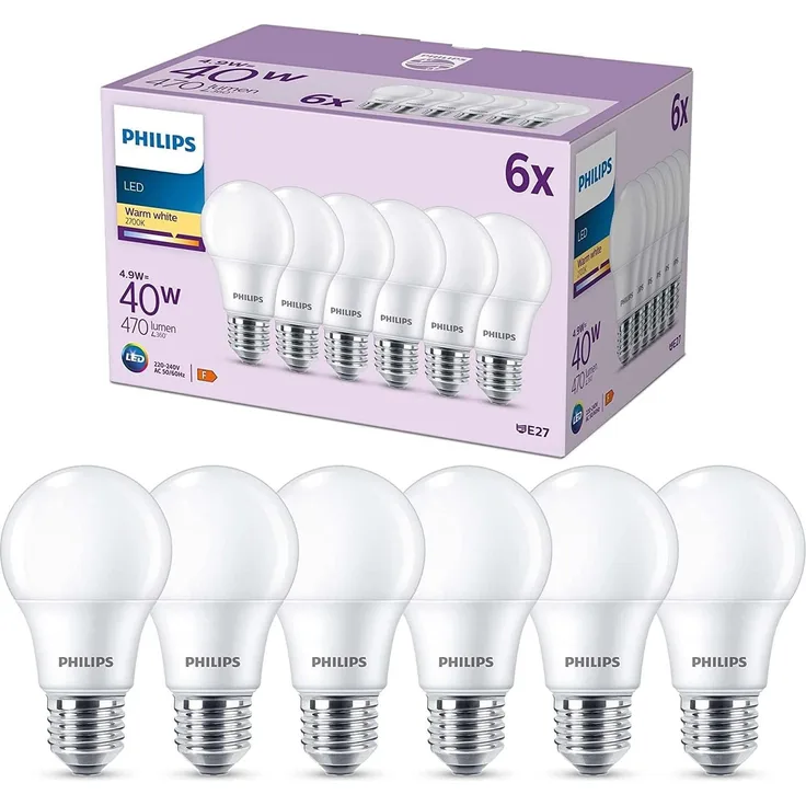 Philips Classic LED E27 Lampe, 40W, matt, warmweiß, nicht dimmbar, 6er Pack