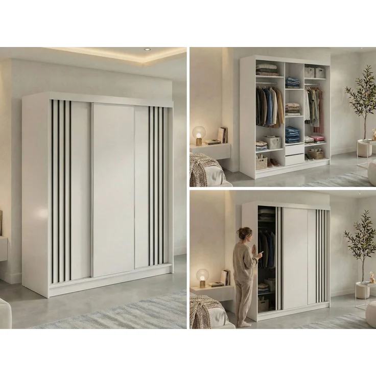 Schwebetürenschrank NAURU mit Lamellen-Optik, moderner Kleiderschrank, Breite 180 cm, inkl. Innenausstattung & Stauraum, Akustikpaneel-Design - Weiß und Schwarz - mit Schubladen – Bild 2