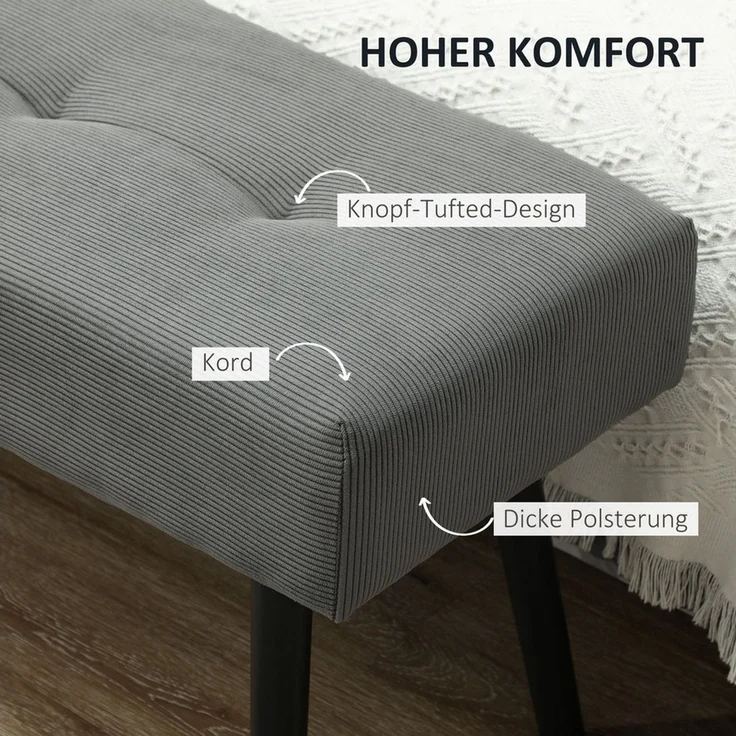 HOMCOM Polsterbank Sitzbank mit Cordbezug, Metallbeinen, Flurmöbel, 220 kg belastbar (Schuhbank, 1-St, getuftete Bettbank), für Schlafzimmer, Wohnzimmer, Flur 100 x 36 x 45 cm Grau – Bild 4