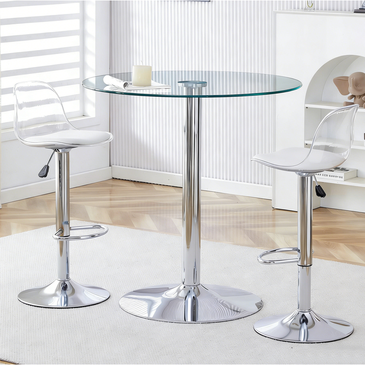 Bartisch-Set mit Glasplatte, 2 höhenverstellbaren Drehhockern, Ø 89x92 cm, Silber/Transparent – Bild 3