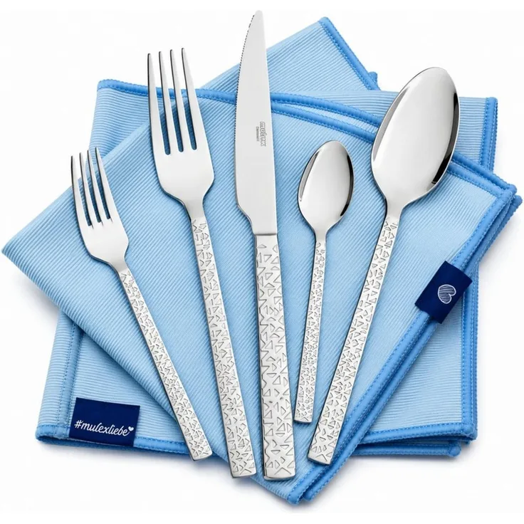 Mulex Besteck-Set Siena, Besteckset mit 3 Multifunktionstüchern (63-tlg), 12 Personen, Edelstahl 18/0, Kratzfestes Besteck mit edlem Design und angenehmer Haptik